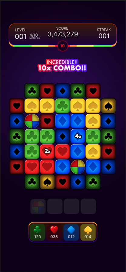Slide It! 2 gameplay: a grid of coloured card-suit tiles with score, streak and multiplier readouts